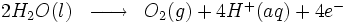 \begin{matrix} & \\ 2H_2O (l)& \overrightarrow{\qquad} & O_2 (g) + 4Hˆ+(aq) + 4eˆ-\   \\\end{matrix}